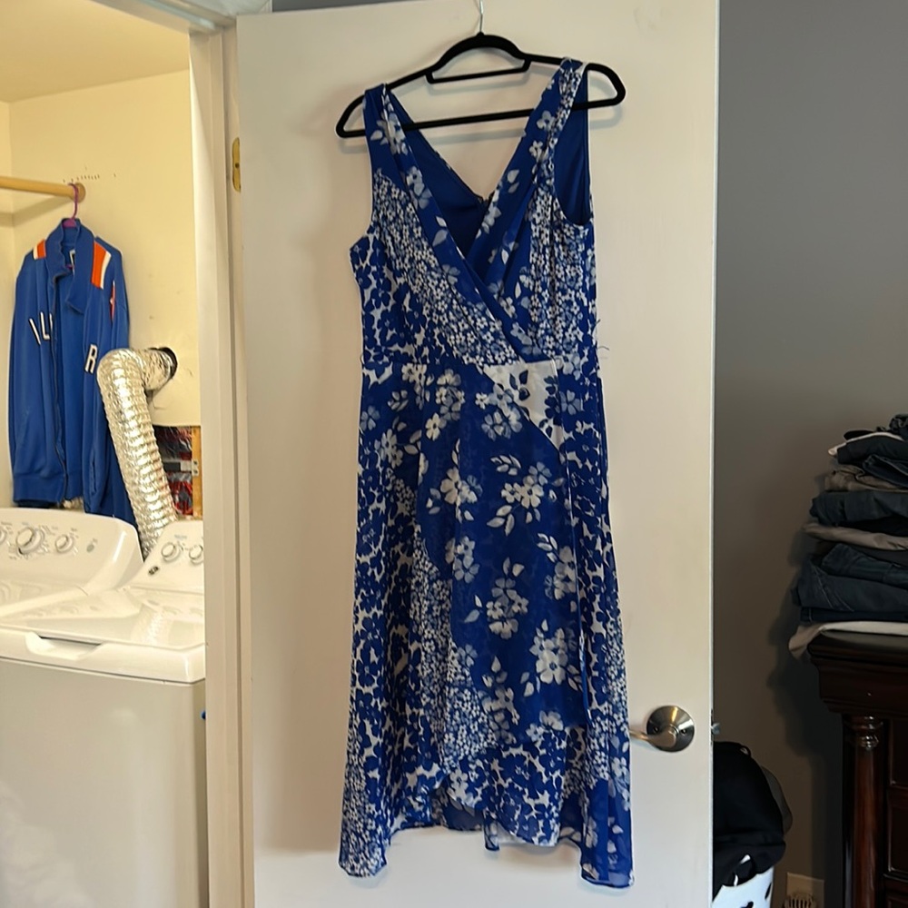DKNY royal blue hi-low floral faux wrap dress